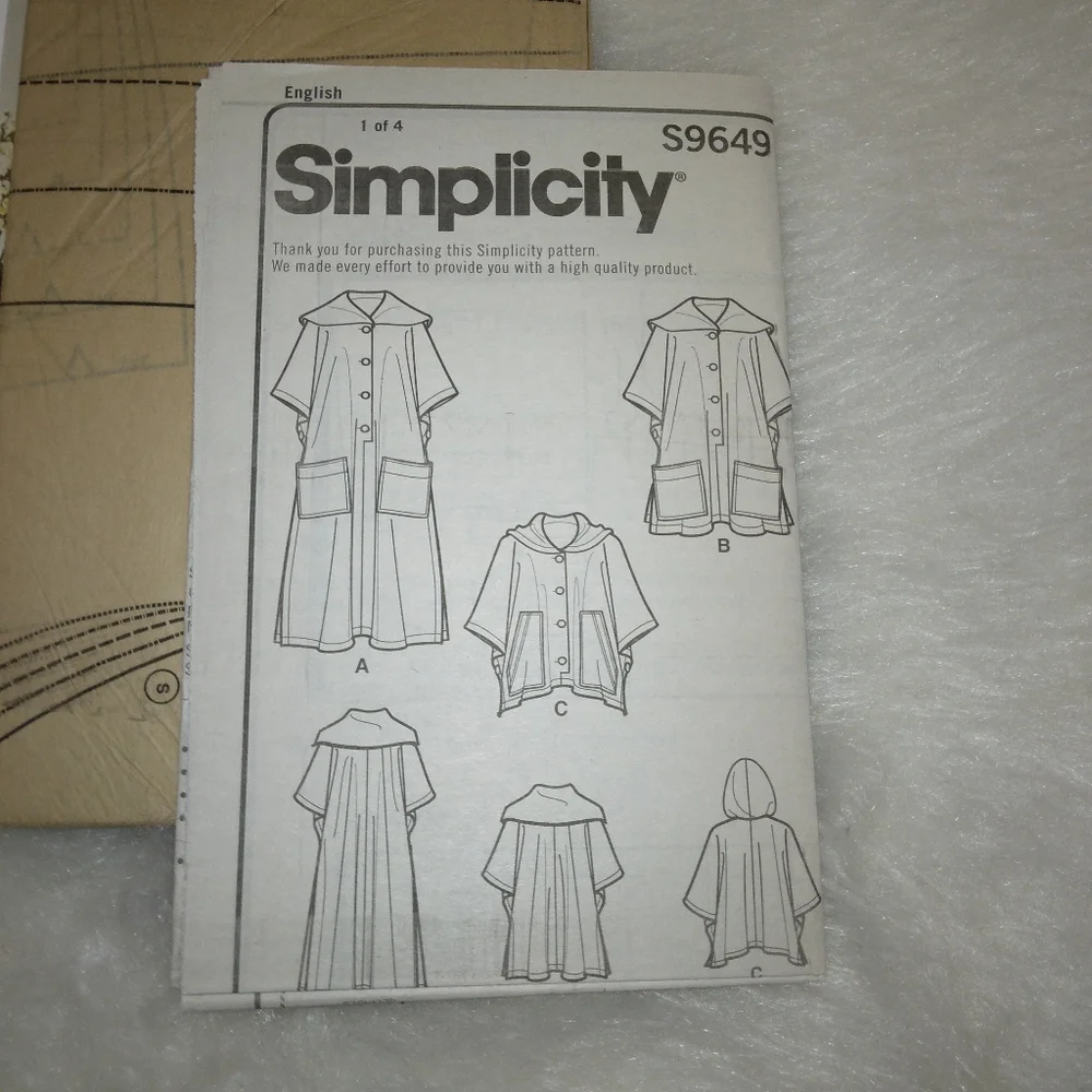 SIMPLICITY S9649 SZ S-XXL Misses easy to Sew ponchos in 3 variations